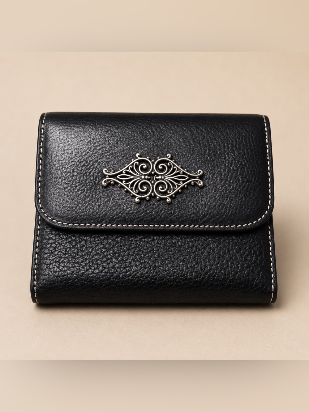 Brighton Black Leather Trifold Wallet with Silver Filigree Emblem